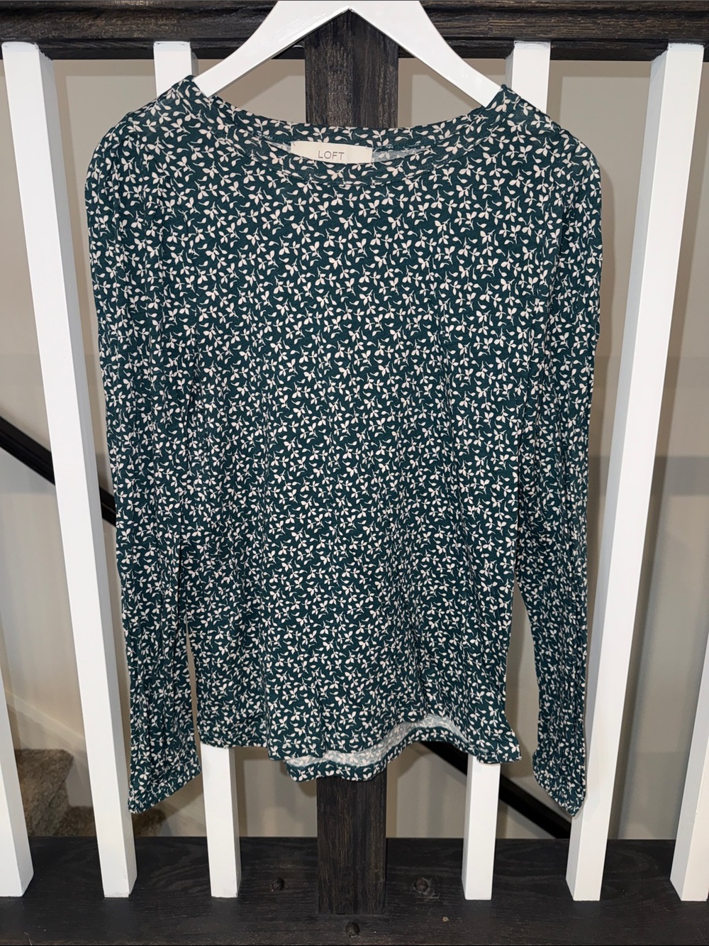 LOFT Teal and White Floral Long-Sleeve Top